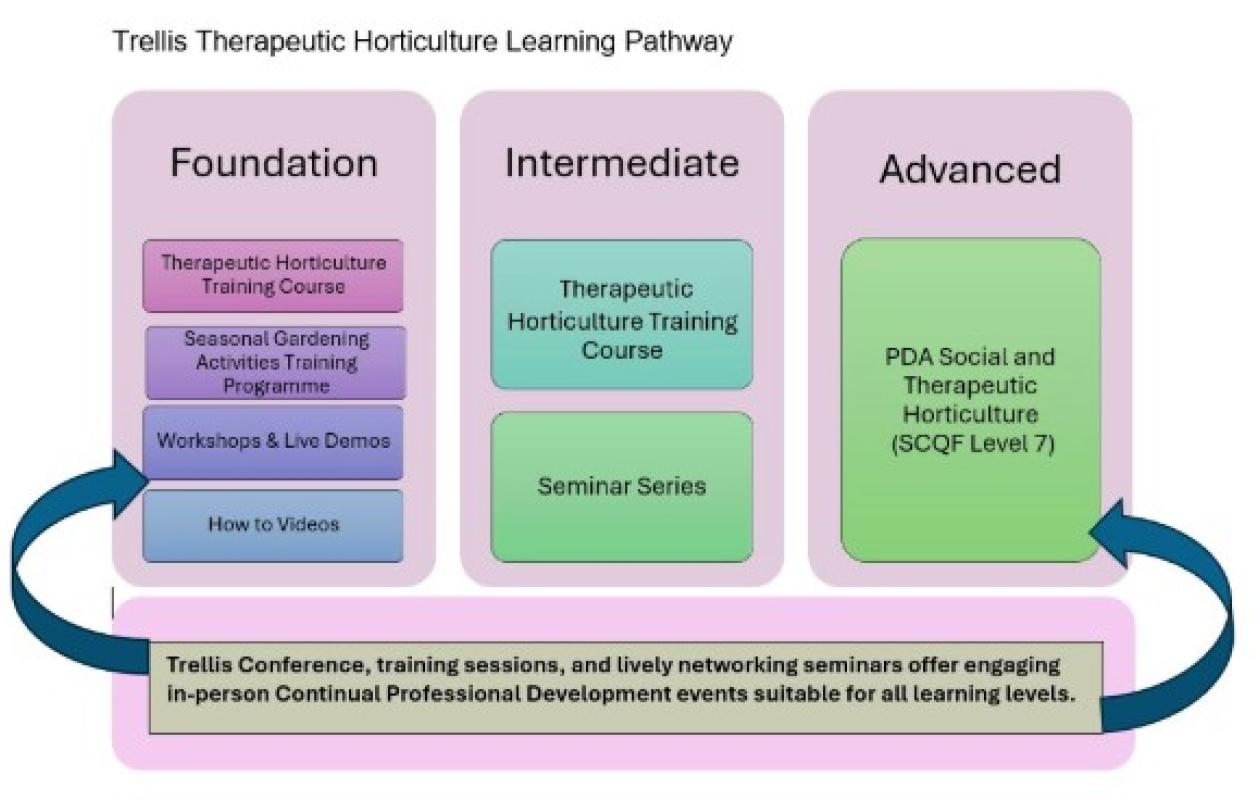 Diagram showing Foundation, Intermediate and Advanced Level Therapeutic Horticulture training available from Trellis
