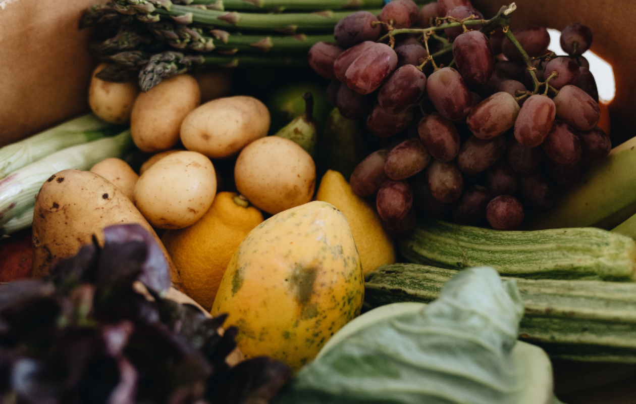 shallow cardboard box of mixed vegetables